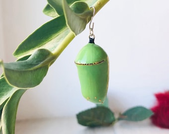 Monarch Chrysalis Pendant Necklace, Green Cocoon Insect Jewelry, Nature Metamorphosis Charm