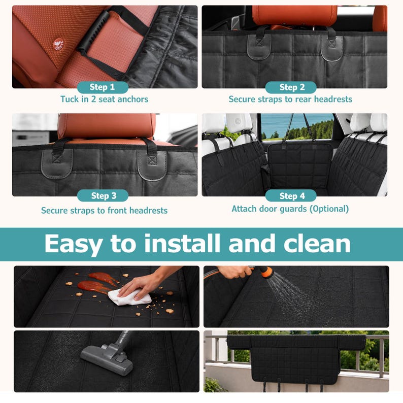 May include: A black quilted car seat cover for pets featuring installation steps: tuck in seat anchors, secure straps to rear and front headrests, and attach door guards. The text reads Easy to install and clean, showing cleaning with a cloth and water.