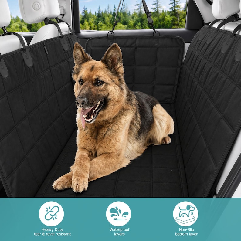 May include: A black quilted car seat cover for pets, featuring a rectangular grid pattern and adjustable straps that attach to headrests. The cover is designed to protect vehicle upholstery and includes icons indicating heavy-duty, waterproof, and non-slip features.