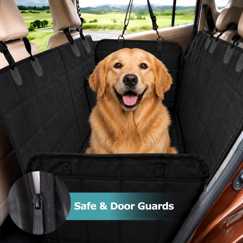 May include: A black quilted car seat cover for pets featuring side door guards and adjustable straps. A golden retriever sits in the centre of the back seat. A circular inset shows a close-up of a zip pull with the text Safe & Door Guards.