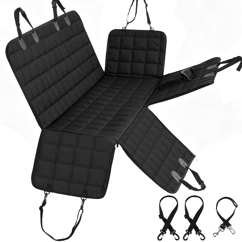 May include: A black quilted car seat cover featuring a hammock-style design with side flaps, adjustable straps, and buckles for secure installation. The set includes three separate black tether straps with metal clips for additional attachment points.