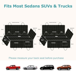 May include: A black car seat cover with adjustable headrest straps, side straps, anchors, velcro openings, durable zippers, and a storage pocket. Diagrams show dimensions of 137 cm and 152 cm wide. Text reads: Fits Most Sedans SUVs & Trucks.