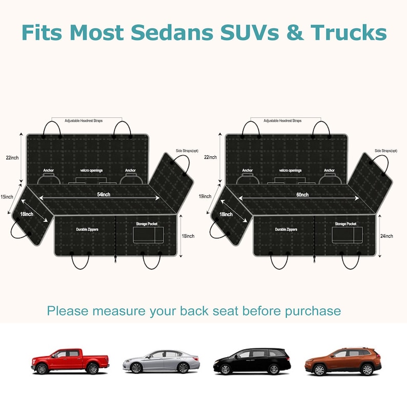 May include: A black car seat cover with adjustable headrest straps, side straps, anchors, velcro openings, durable zippers, and a storage pocket. Diagrams show dimensions of 137 cm and 152 cm wide. Text reads: Fits Most Sedans SUVs & Trucks.