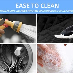 Pu&ograve; includere: Un grafico a quattro riquadri intitolato EASE TO CLEAN, che mostra i metodi di pulizia: spruzzare con un tubo, aspirare un tessuto nero trapuntato, un cestello della lavatrice e pulire con un panno umido. Testo: HOSE DOWN, VACUUM CLEANER, MACHINE WASH IN GENTLE CYCLE, A MOIST TOWEL.