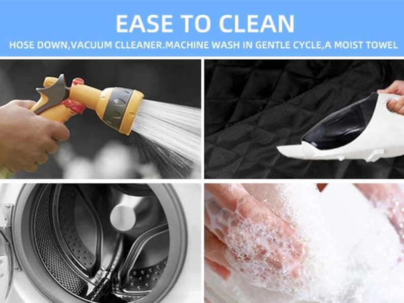 Pu&ograve; includere: Un grafico a quattro riquadri intitolato EASE TO CLEAN, che mostra i metodi di pulizia: spruzzare con un tubo, aspirare un tessuto nero trapuntato, un cestello della lavatrice e pulire con un panno umido. Testo: HOSE DOWN, VACUUM CLEANER, MACHINE WASH IN GENTLE CYCLE, A MOIST TOWEL.