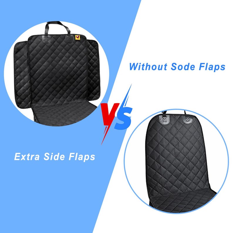 Pu&ograve; includere: Un coprisedile per auto nero trapuntato con motivo a rombi. Il lato sinistro mostra una versione con alette laterali extra, mentre il lato destro mostra una versione senza alette. Il testo riporta Extra Side Flaps e Without Sode Flaps.