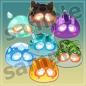 Puede incluir: Una colección de siete criaturas de estilo caricatura en varios colores, incluyendo azul, morado, verde y naranja. Cada criatura tiene ojos grandes, mejillas rosadas y características únicas como cuernos u hojas. La palabra "Sale" es visible.