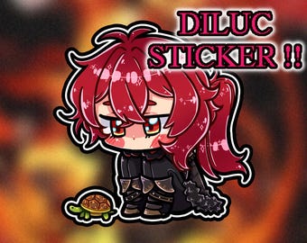 May include: A sticker featuring a cartoon character with red hair and a black outfit. The sticker has the text "DILUC STICKER !!" in pink. A small turtle is also included in the design. The background is a gradient of orange and yellow.