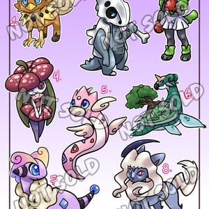 Peut inclure: Une impression d'art numérique présentant huit créatures de dessins animés uniques. Les créatures sont de couleurs variées, dont le marron, le bleu, le rose et le vert. Chacune a un design distinct, certaines ressemblant à des animaux, d'autres avec des caractéristiques florales ou squelettiques. Le fond est violet clair.