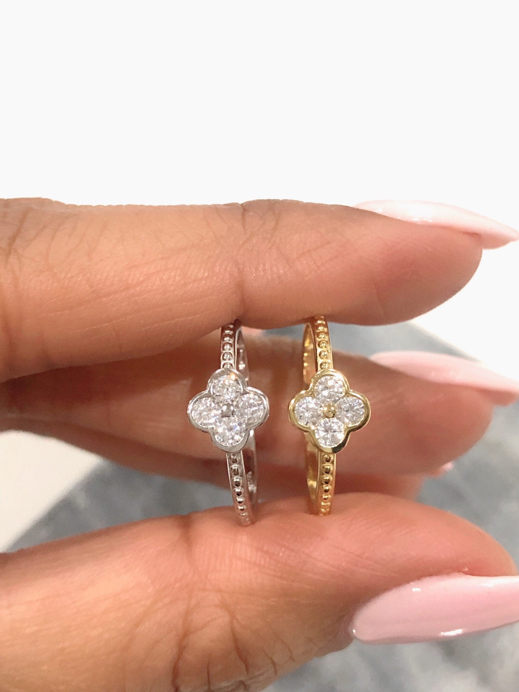 Dainty clover flower cluster CZ Ring stackable diamond Band Ladies go…