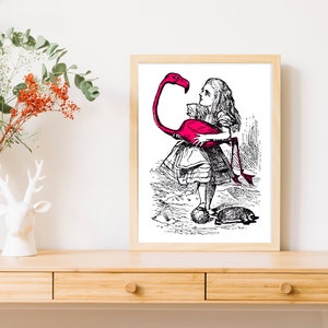 Print Alice in Wonderland with Pink Flamingo Office Bedroom Croquet Red Queen of Hearts Gift Quote art minimal art gift entryway 128