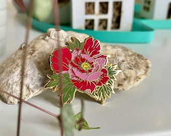 Peony Enamel Pin Badge Brooch Gold Metal Plant Pin