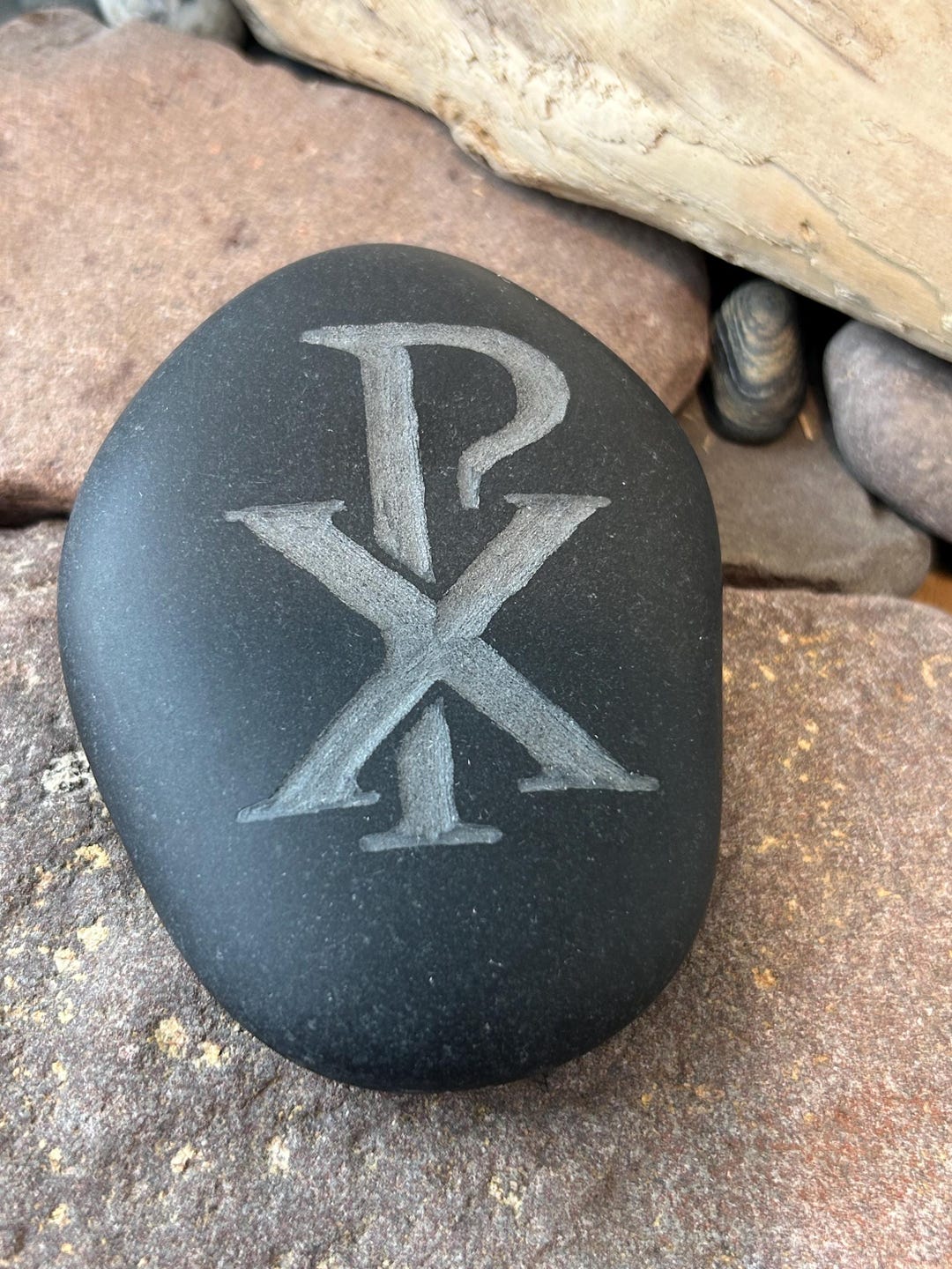 CHI RHO Christian Symbol, Super Smooth Engraved Stone From Lake ...