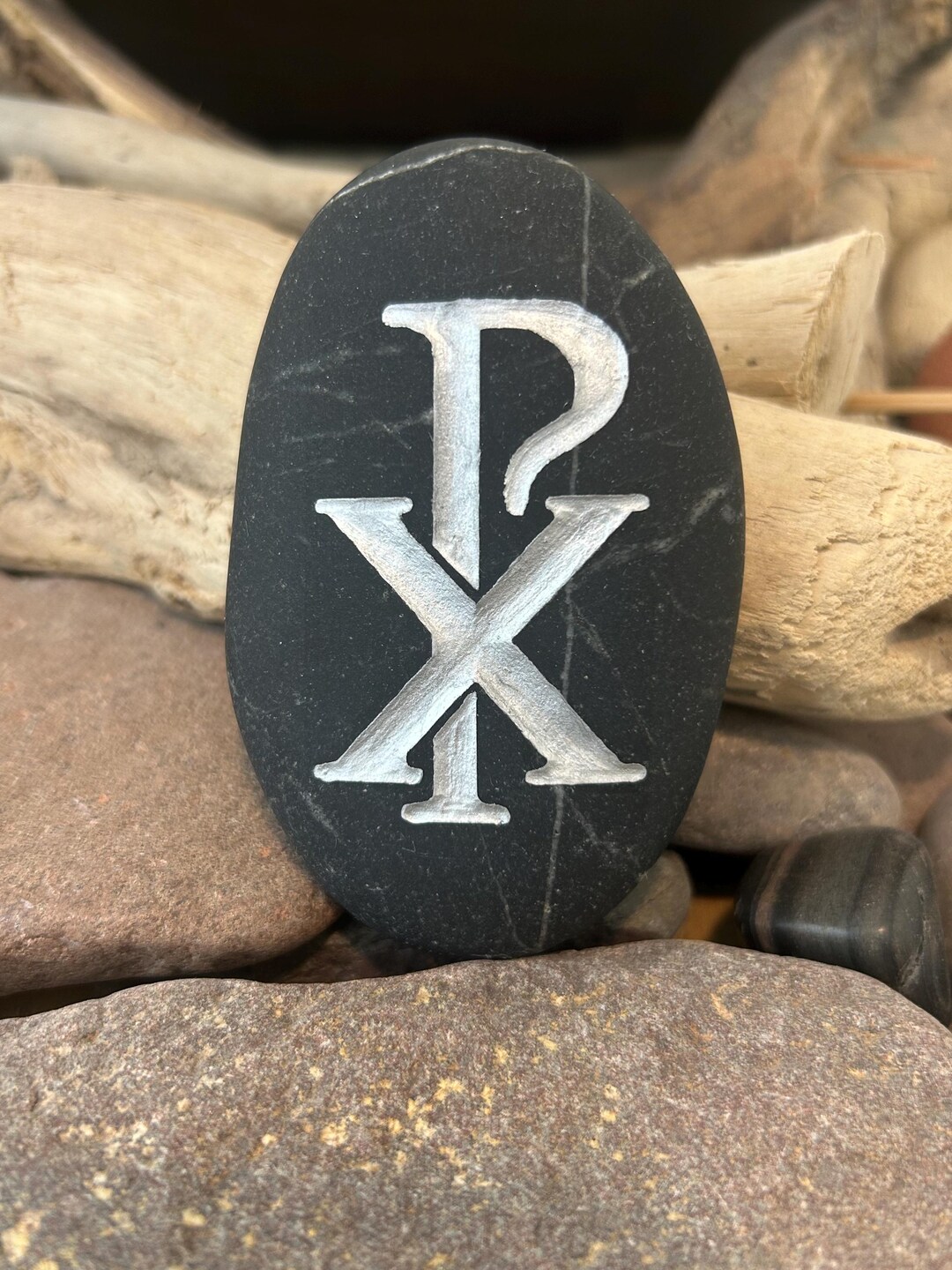 Chi Rho Christian Symbol Stone, Hand Carved Lake Superior Rock, Painted ...