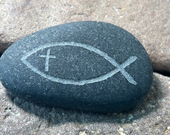 Engraved Christian Fish Stone: ICHTHYS Symbol with Cross