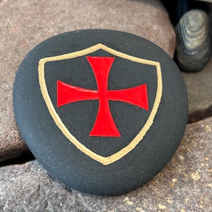 Knights Templar pocket Cross and gold outline shield - Custom Engraved one of a kind stone I pulled from Lake Superior