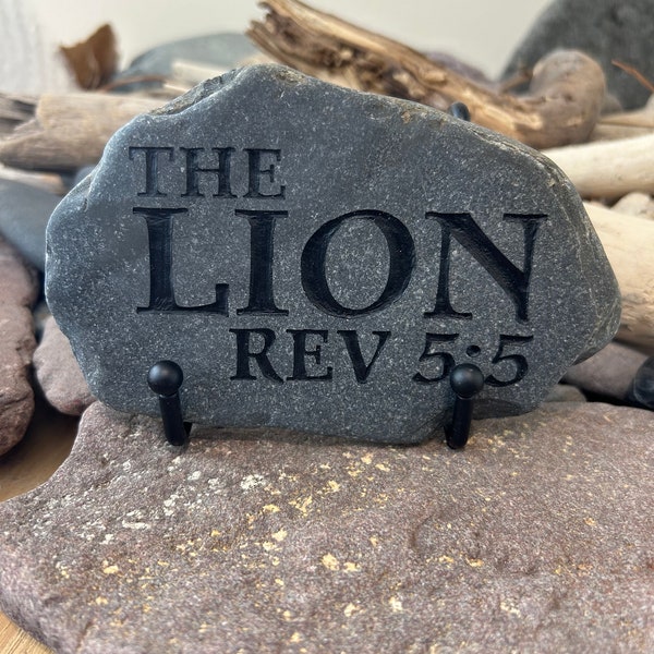 The Lion and the Lamb, Rev. 5:5-6; Custom Engraved one of a kind basalt stone w/stand, about 6” wide and 4” tall from Lake Superior