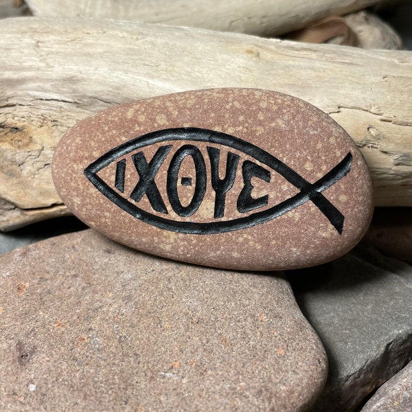 Christian Fish Symbol ICHTHYS- Pocket Size Engraved Stone, customized to include the original greek words ΙΧΘΥΣ inside the fish.