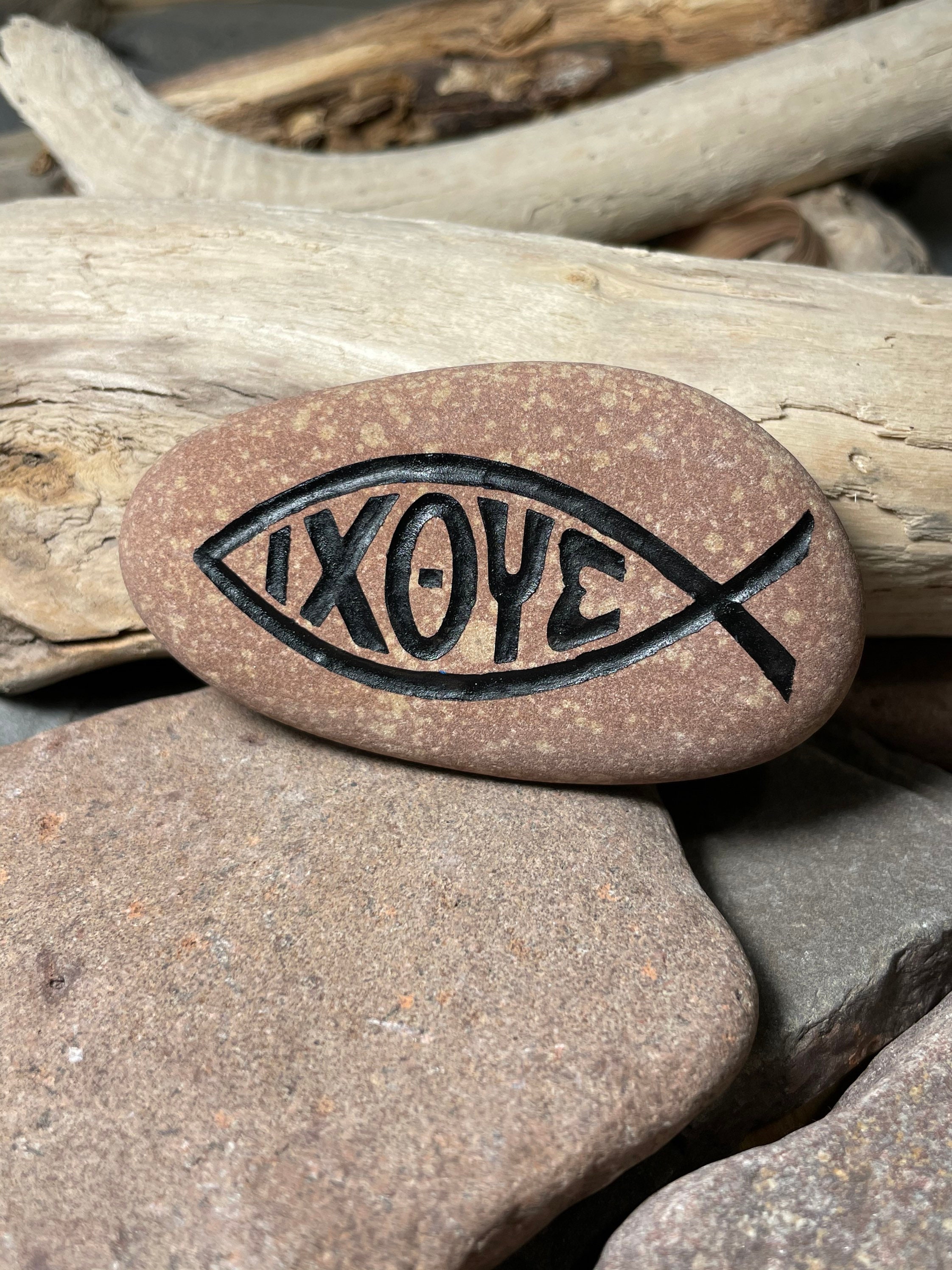 Christian Fish Symbol ICHTHYS- Pocket Size Engraved Stone