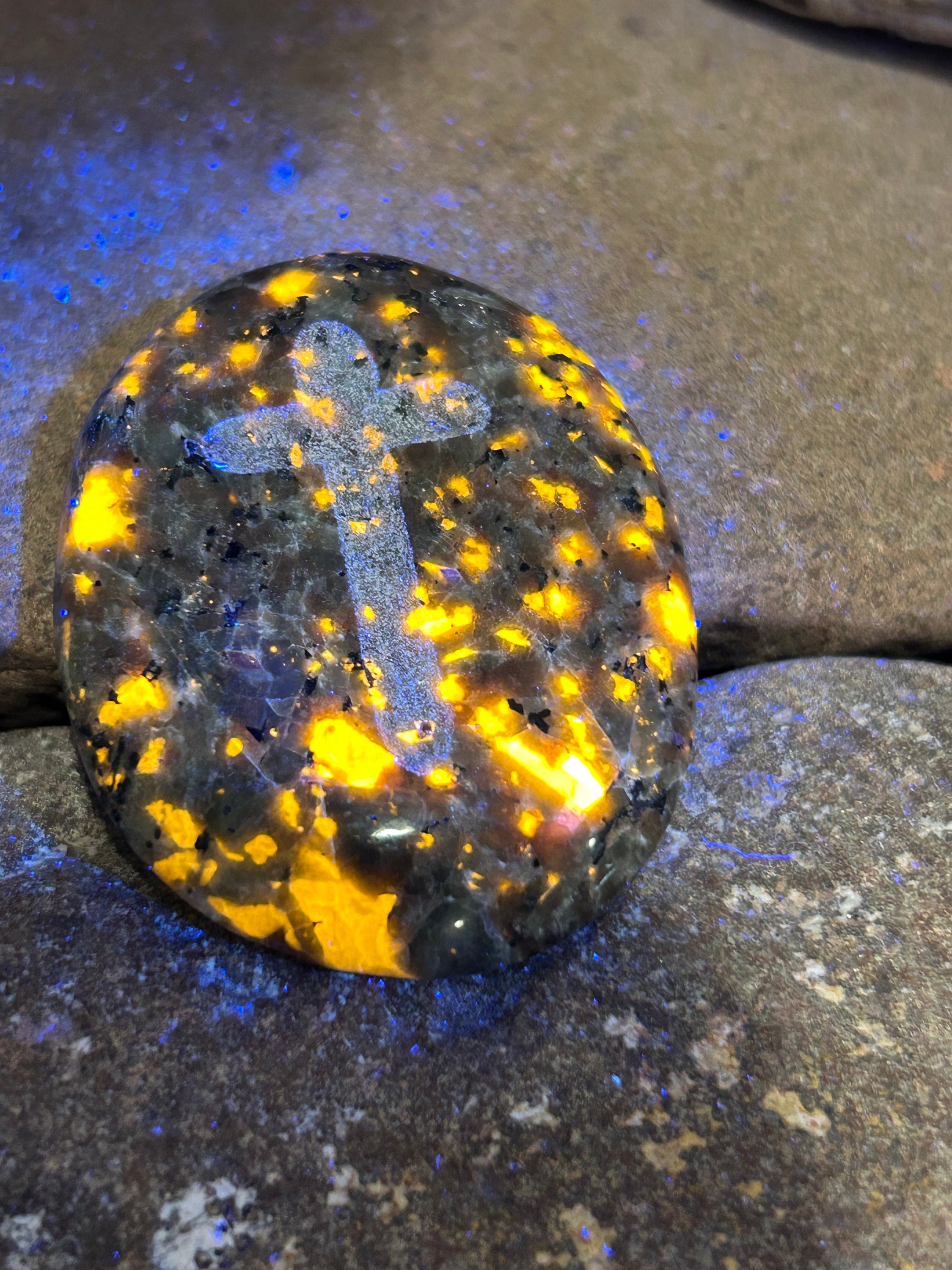 Pocket Cross - one of a kind Tumbled and polished Yooperlite  Sodalite Syenite EMBERLITE - 1 stone