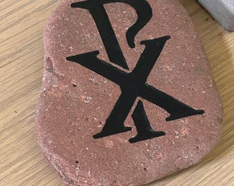 CHI RHO Christian symbol - engraved and painted stone from Lake Superior, MN. This is the stone you get.