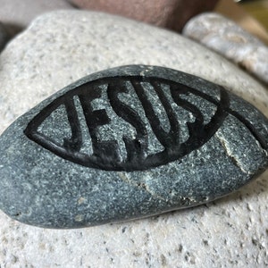 Christian Fish Symbol JESUS - Pocket Size Engraved Stone