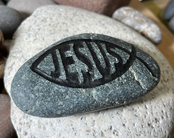 Christian Fish Symbol JESUS - Pocket Size Engraved Stone