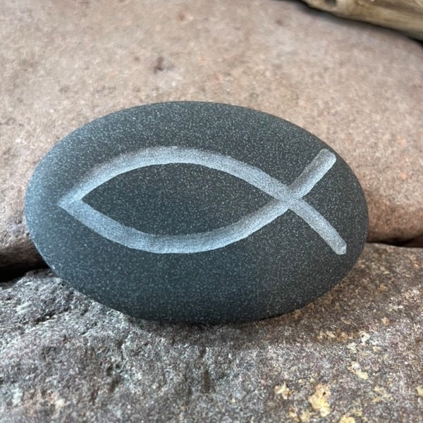 Christian Fish Symbol ICHTHYS or IXTHYS in Greek - Pocket Size Engraved Stone