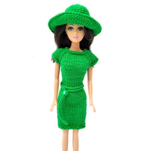 Clothes for dolls 11-12inch, knitted dress for a fashion doll of the Barbie, elegant outfit for doll, green doll dress, crochet hat for doll
