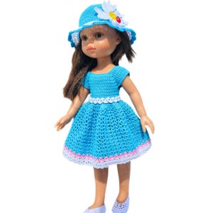 Blue crochet dress for doll size 12&quot;-13&quot;/32-34cm, summer doll outfit with shoes and hat, handmade doll dress