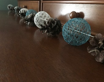 Blue and White String Ball and Pine Cone Garland