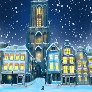 Set di 5 cartoline invernali con buste di Utrecht nella neve con un gatto