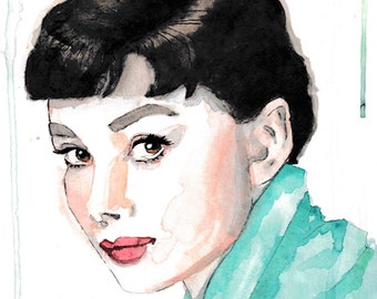 Art print of limited edition handmade illustration, handmade portrait of movie star and actress Audrey Hepburn