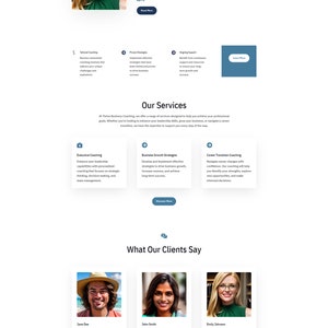 Może przedstawiać: Strona główna witryny internetowej Thrive Business Coaching, z fioletowym i różowym tłem z kropkowanym wzorem. Witryna oferuje usługi takie jak coaching dla kadry zarządzającej, strategie rozwoju biznesu i coaching przejścia zawodowego. Witryna zawiera również opinie zadowolonych klientów.