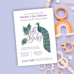 Editable Baby Shower Invitation Template - Oh Baby Peacock Bird &  Feather Theme