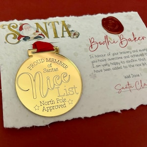 Medalha e certificado da Nice List - Impresso em papel semente - Personalizado - Lindo selo de cera - Pai Natal - Editável - Preenchimento de meia