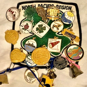 May include: A collection of vintage pins and charms, including a green shamrock, a bell, and pins with text like "Detroit" and "Hawaii 1987." The pins are attached to a white fabric with a green border and the words "North Pacific Region."