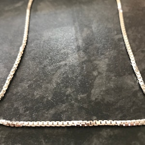 Sterling Silver 1 1/2 mm width Box Chain, marked .925 on the chain, with Sterling Silver Bolt-ring clasp, 15 1/2 inch length