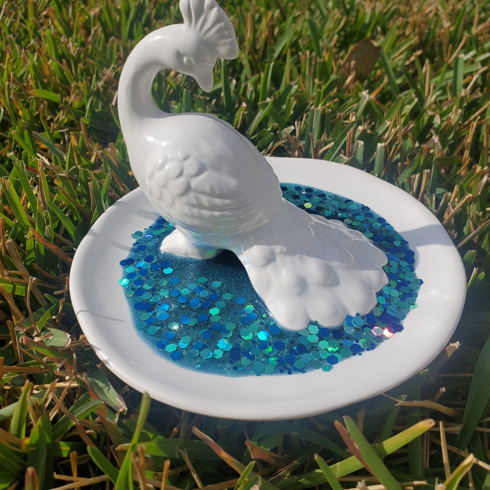Anillo de pavo real plato baratija bandeja azul verde | Etsy