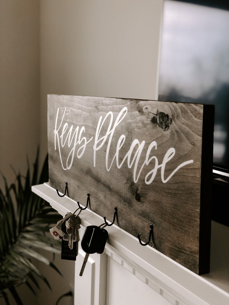 Personalized key holder wood key hanging sign keys please Etsy