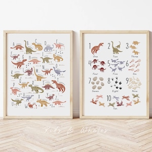 Set of 2 Dinosaur Wall Art Prints - Dinosaur Alphabet Poster - Educational Wall Art for Kids - Homeschooling and Classroom Decor
