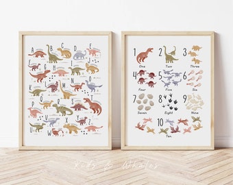 Set of 2 Dinosaur Wall Art Prints - Dinosaur Alphabet Poster - Educational Wall Art for Kids - Homeschooling and Classroom Decor