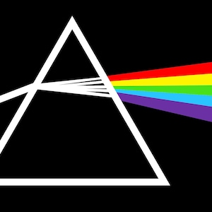 May include: A white triangle with a beam of light splitting into a rainbow of colors, red, orange, yellow, green, blue, indigo, and violet.