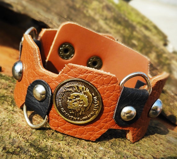 COOL Alloy Metal Studded Men's Leather Bracelet Wristband Cuff Vintage Orange 