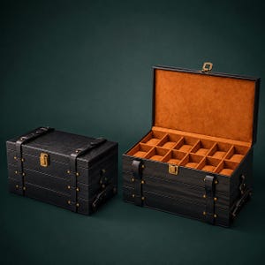 Puede incluir: Dos cajas rectangulares para guardar relojes con superficies exteriores negras, cierres de metal en tono lat&oacute;n y correas decorativas. Una caja est&aacute; cerrada, mientras que la otra est&aacute; abierta, revelando un forro interior naranja con doce compartimentos.