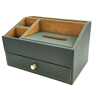 Leather Tissue Box and Desk Organizer | Leather Napkin Holder with Compartments for Office Supplies, Side Table Tray, Gift for Him & Her