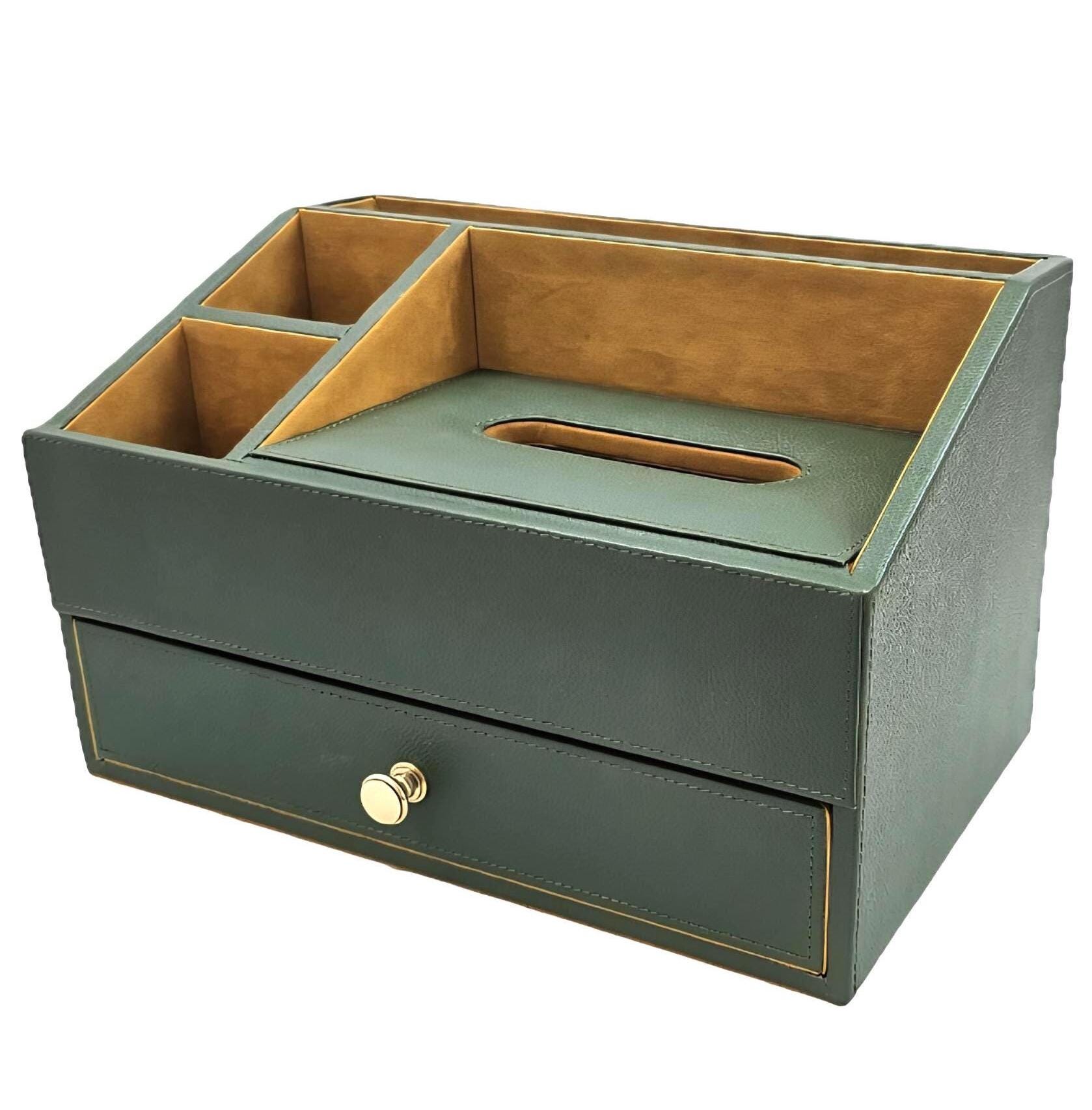 Leather Tissue Box Desk Organizer: Office Supply Compartments, Side ...