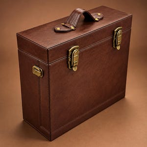 May include: A rectangular dark brown storage case with a textured finish, featuring a top handle, two front brass-toned metal latches, and side hardware attachments. The case has visible stitching along the edges and a structured, upright design.