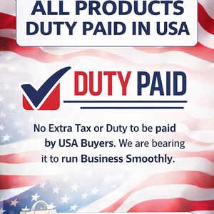 Puede incluir: Un letrero rectangular con el logotipo de Etsy y el texto ALL PRODUCTS DUTY PAID IN USA. Debajo hay un icono de marca de verificaci&oacute;n con el texto DUTY PAID, seguido de No Extra Tax or Duty to be paid by USA Buyers. We are bearing it to run Business Smoothly.