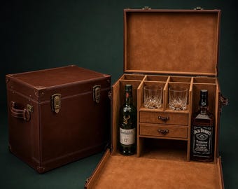Leather Mini Portable Bar for 4 Bottles & 4 Glasses | Travel Bar Set | Luxury Gift | Gift For Him - Personalized Gift | Playing Cards Deck